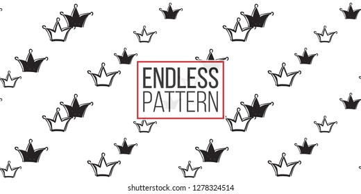 Hen-party seamless pattern with black and white crowns. Black and white crown illustration in hand drawn hipster grunge style.