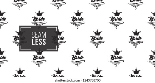 Hen-party seamless pattern with bride crown logo. Black and white crowns illustration in hand drawn hipster style.
