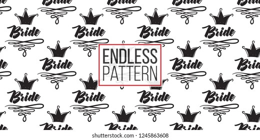 Hen-party seamless pattern with bride crown logo. Black and white crowns illustration in hand drawn hipster style.