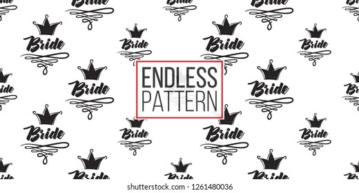 Hen-party seamless pattern with bride crown logo. Black and white crowns illustration in hand drawn hipster style.