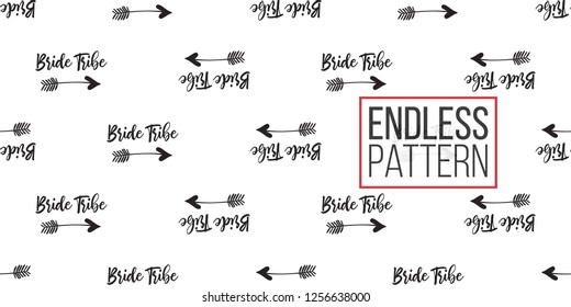 Hen-party seamless pattern with bride tribe arrow. Black and white logo illustration in hand drawn hipster style.