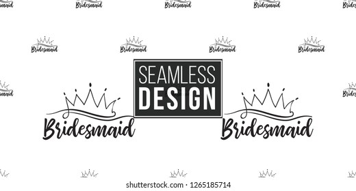 Hen-party seamless pattern with bridesmaid crown logo. Black and white crown logo illustration in hand drawn hipster style.