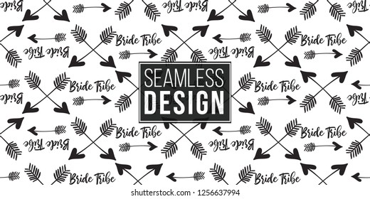 Hen-party seamless pattern with cross arrows and bride tribe arrow. Black and white logo illustration in hand drawn hipster style.