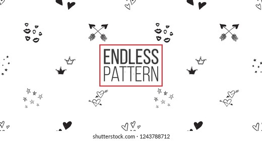 Hen-party seamless pattern with crowns, smiles, hearts and arrows. Black and white logo illustration in hand drawn grunge hipster style.