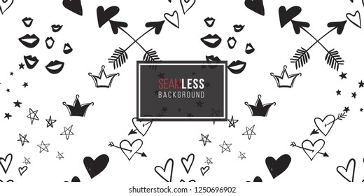 Hen-party seamless pattern with crowns, smiles, hearts and arrows. Black and white logo illustration in hand drawn grunge hipster style.