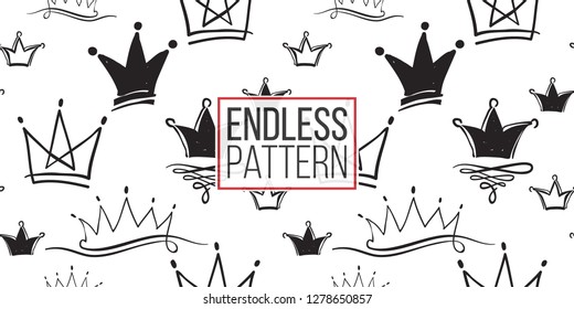 Hen-party seamless pattern with different crowns. Black and white crown illustration in hand drawn hipster style.