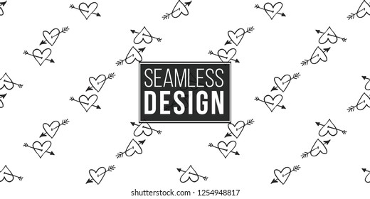 Hen-party seamless pattern with hearts and arrows. Black and white heart illustration in hand drawn hipster style.