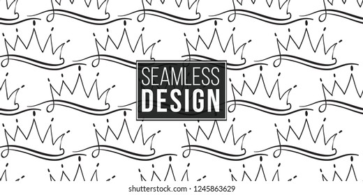 Hen-party seamless pattern with one line crown. Black and white logo illustration in hand drawn hipster style.