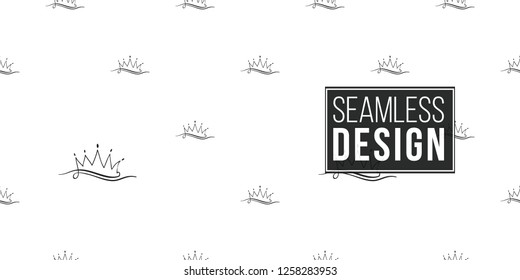 Hen-party seamless pattern with one line crown. Black and white logo illustration in hand drawn hipster style.