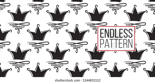 Hen-party seamless pattern with princess crown. Black and white logo illustration in hand drawn hipster style.