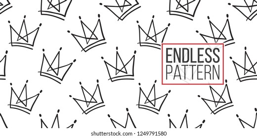 Hen-party seamless pattern with simple line crown. Black and white logo illustration in hand drawn hipster style.