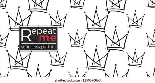 Hen-party seamless pattern with simple line crown. Black and white logo illustration in hand drawn hipster style.