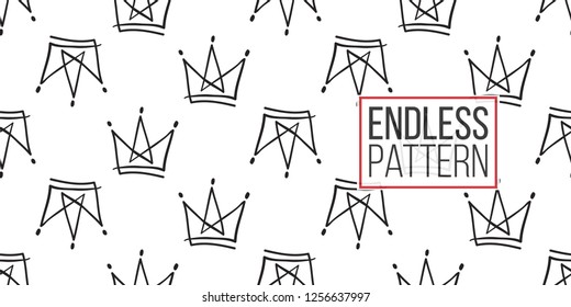 Hen-party seamless pattern with simple line crown. Black and white logo illustration in hand drawn hipster style.