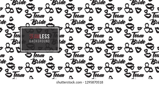 Hen-party seamless pattern with team bride with lips. Black and white logo illustration in hand drawn hipster style.