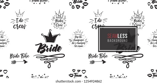 Hen-party seamless pattern with wedding symbols and slogans. Black and white logo illustration in hand drawn hipster style.