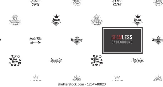 Hen-party seamless pattern with wedding symbols and slogans. Black and white logo illustration in hand drawn hipster style.