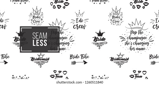 Hen-party seamless pattern with wedding symbols and slogans. Black and white logo illustration in hand drawn hipster style.