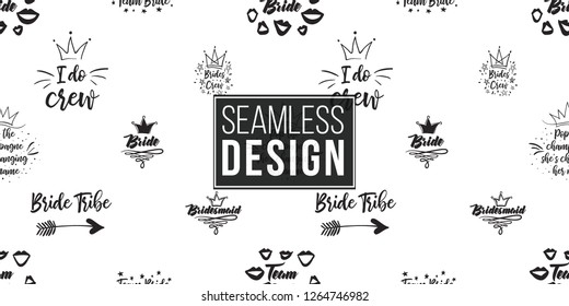 Hen-party seamless pattern with wedding symbols and slogans. Black and white logo illustration in hand drawn hipster style.