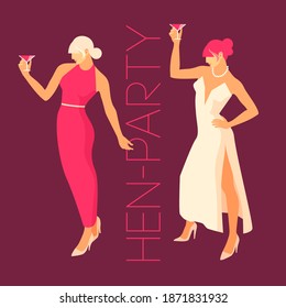 Hen-party. Two dancing female characters in evening dresses, with glasses of wine in their hands. Vector illustration