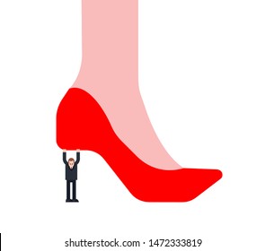 Henpecked man Holding woman shoe. vector illustration
