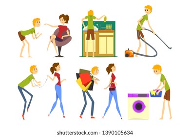 Henpecked man set, husband dominated by wife, househusband doing household cartoon vector Illustrations on a white background