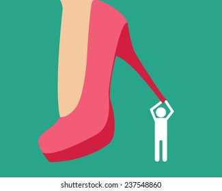 Henpecked. Man under a female heel. Vector illustration