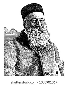Henri Dunant, 1828-1910, he was a Swiss businessman and social activist, the founder of the Red Cross, and the first recipient of the Nobel Peace Prize, vintage line drawing or engraving illustration