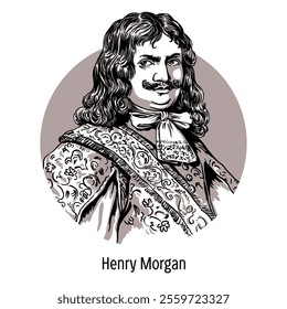 Henry Morgan was an English navigator, pirate, privateer, later planter and vice-governor on the island of Jamaica, who actively pursued English colonial policy. Hand-drawn vector illustration