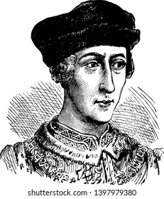 Henry V of England,  1386-1422, he was the king of England from 1413 to 1422 and the second English monarch who came from the House of Lancaster, vintage line drawing or engraving illustration