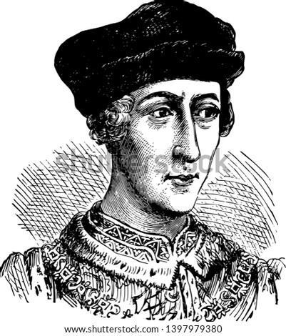 Henry V of England,  1386-1422, he was the king of England from 1413 to 1422 and the second English monarch who came from the House of Lancaster, vintage line drawing or engraving illustration