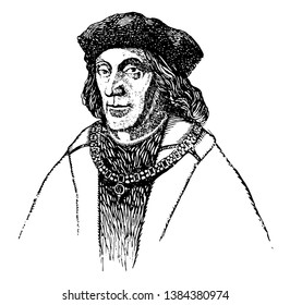 Henry VII, 1457-1509, he was the king of England from 1485 to 1509 and the first monarch of the House of Tudor, vintage line drawing or engraving illustration