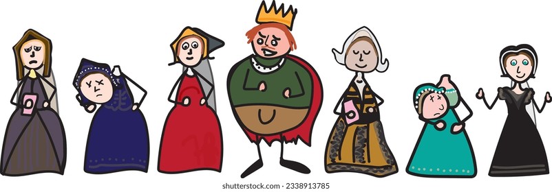 Henry VIII and his six wives- Catherine of Aragorn, Anne Boleyn, Jane Seymour, Anne of Cleves, Catherine Howard, Catherine Parr