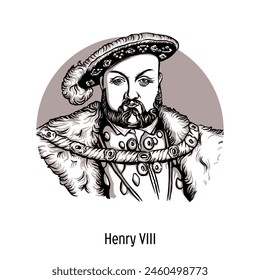 Henry VIII - King of England, son and heir of King Henry VII of England, the second English monarch of the Tudor dynasty. Hand-drawn vector illustration