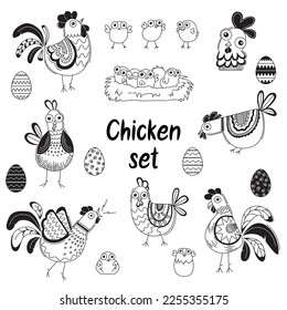 Hens, chickens, roosters and hen eggs. Hand drawn birds line art. Doodle illustrations isolated on white background. Vector set of birds for Easter, decor, invitation, cards.