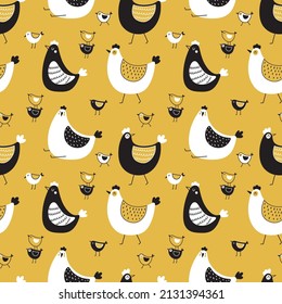 Hens and chickens seamless vector pattern . Creative childish texture on yellow background