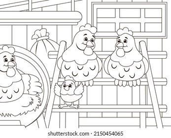 Hens with chicks in a chicken coop on a farm. Childrens coloring, black lines, white background.