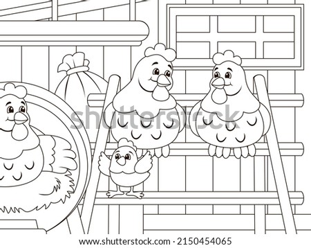 Hens with chicks in a chicken coop on a farm. Childrens coloring, black lines, white background.