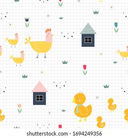 Hens and chicks Cute seamless pattern that has a house with flowers and Square grid as wallpaper Design concepts used for publication, baby products, gift wrapping, textiles Vector illustration