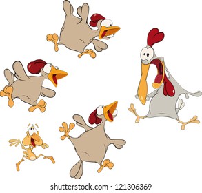 Hens and a cock. Cartoon