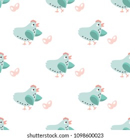 Hens with eggs abstract on light green background. Vector stock. Seamless Easter pattern. For textiles, background, paper, postcards, fabric, printing.