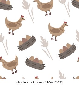 hens with eggs vector seamless pattern