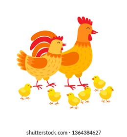 Hens family cute cartoon characters. Hen, rooster and chickens isolated on white background. Happy chicks vector illustration in flat design. Mother hen, father cockerel and yellow poults.