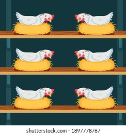 The hens is hatching the egg in the coop. White Chicken is sleeping and is hatching the eggs. Cartoon vector illustration.