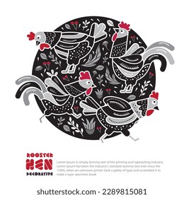 Hens and rooster animal decorative vector illustration.