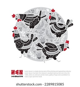 Hens and rooster animal decorative vector illustration.