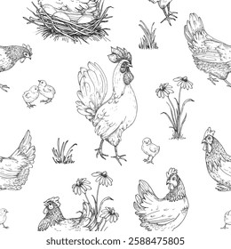 Hens, rooster, eggs, chicks and nest. Vector black and white hand drawn ink seamless pattern. Template for product label design