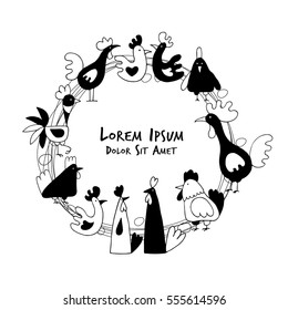 Hens and roosters in henhouse, sketch for your design