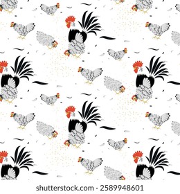 Hens and roosters pattern doodle poultry farm bird animal pattern background vector. Cute design wallpaper, wrapping paper, textile, fabric.