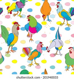 Cristales y gallos, modelo transparente, ilustración a mano de aves de granja coloreadas sobre un fondo con huevos