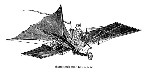Henson Flying Machine which is invented by William Henson in the mid 19th century, vintage line drawing or engraving illustration.